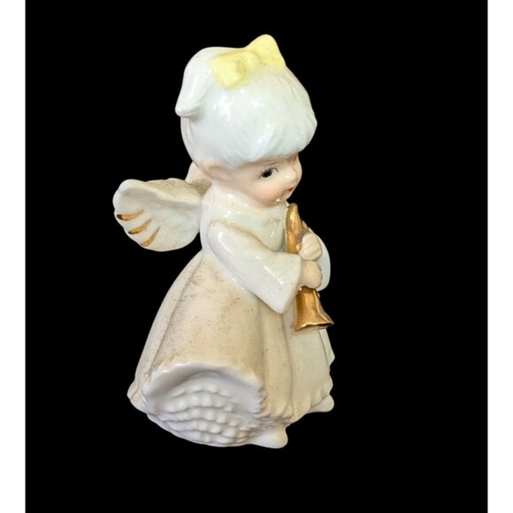 Lefton Porcelain Angel Figurine With Trumpet Gold Accents 3” White & Floral - Picture 2 of 10